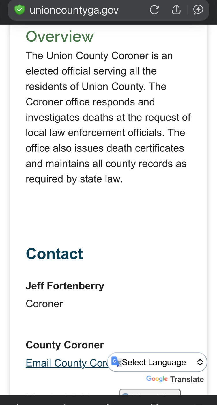 NEW EVIDENCE – as in recorded conversation between Joan Fortenberry, who was Barbara Crawford’s “CAREGIVER” who was paid by Frank Wilson-She is in possession of Barbara Crawford’s remains and her death certificate. HER SON IS THE UNION COUNTY CORONER!